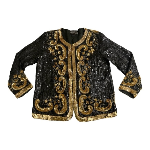 Vintage Jean for Joseph Le Bon Black & Gold silk Fully Sequined Jacket size M - Picture 4 of 11